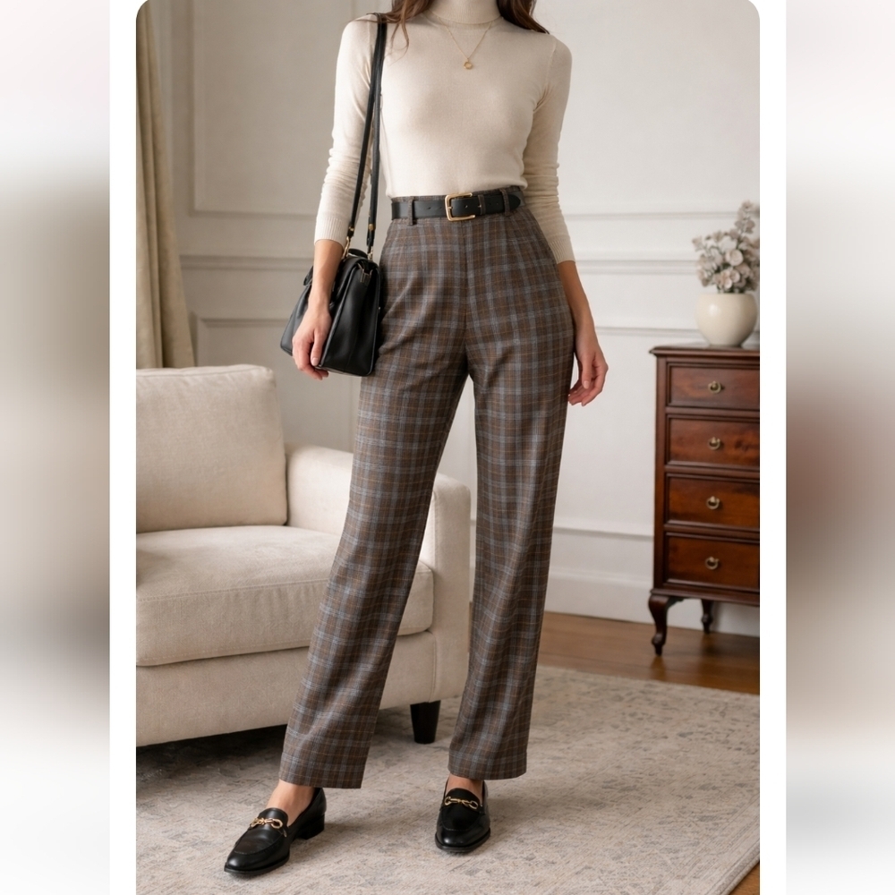 Vintage Eugen Klein Plaid Trousers Brown Blue Academia Chic 8/10